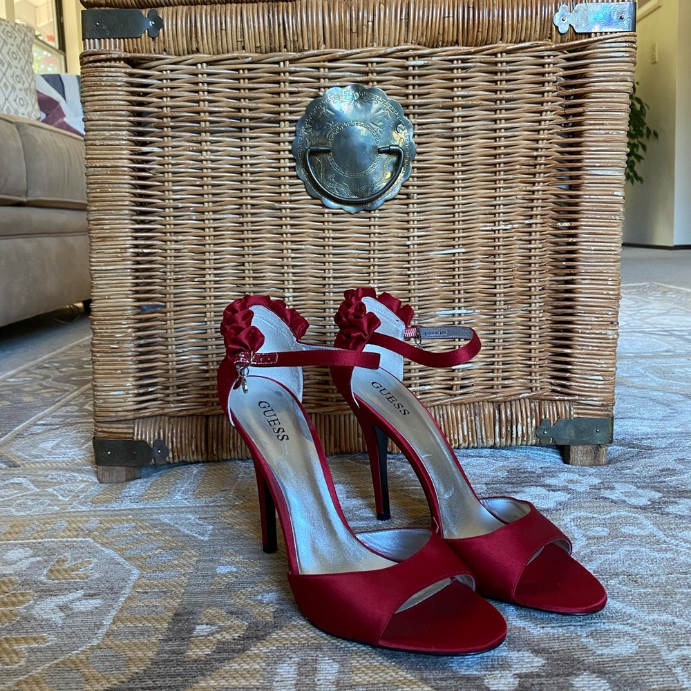 GUESS Red Satin Ankle Strap Heels